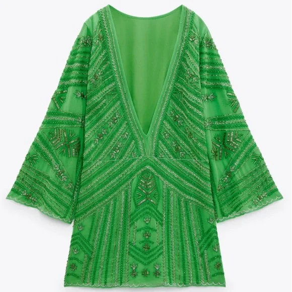 ZARA Beaded Mini Tunic Dress Green BNWT - Picture 1 of 4